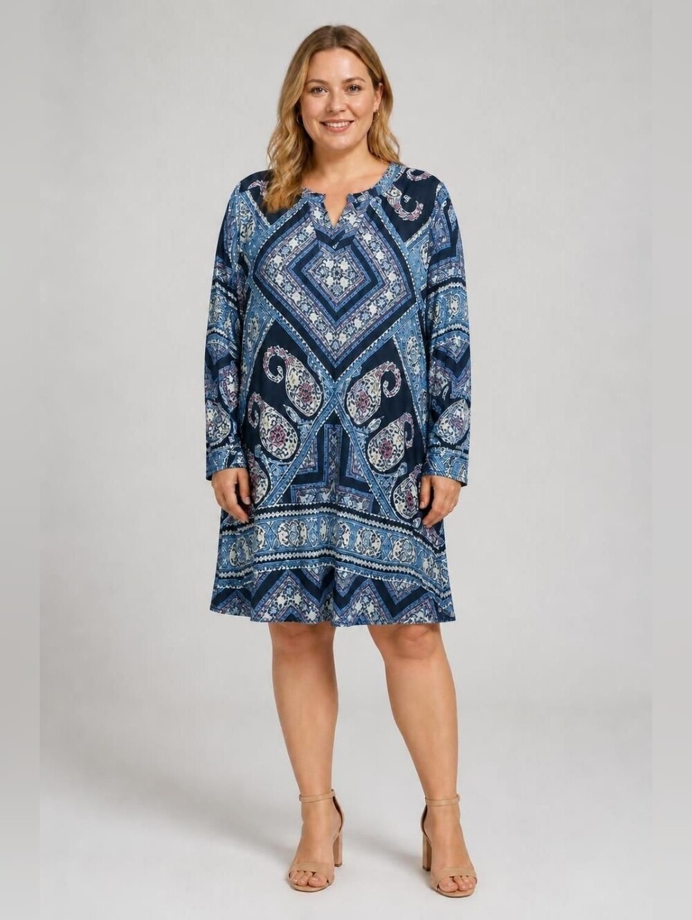 new directions 2X Navy Blue Paisley & Geometric Midi Dress Plus Size